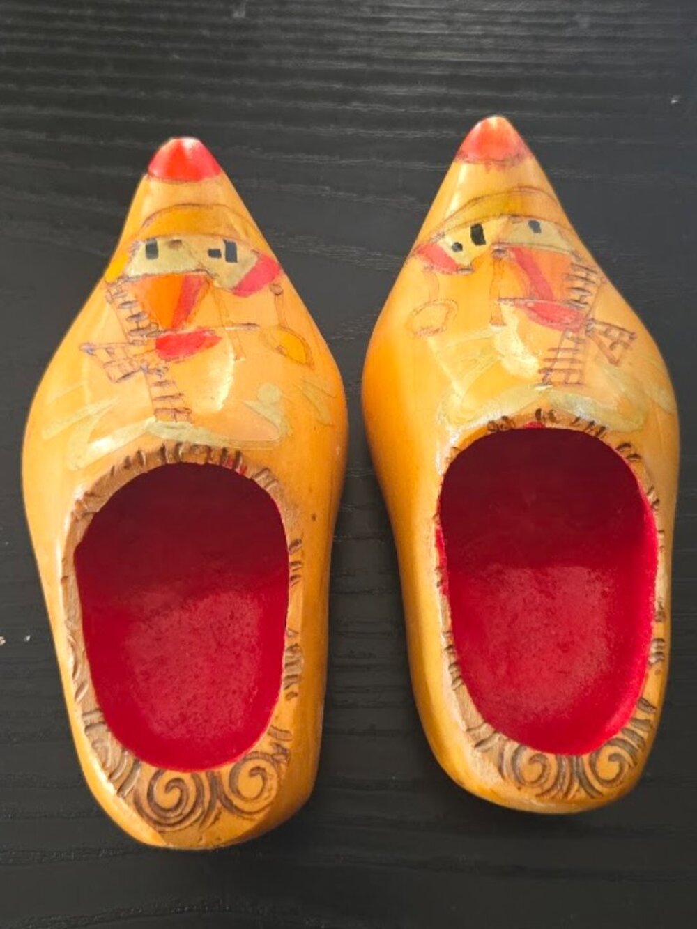 Vintage Wooden Dutch Windmill Clogs Handpainted with hangers, made in Holland